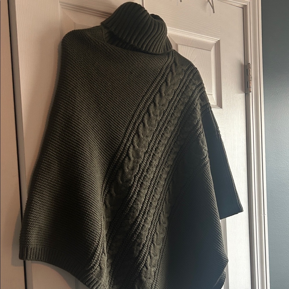 Women's Olive Green Turtleneck Poncho Sweater - Picture 4 of 11